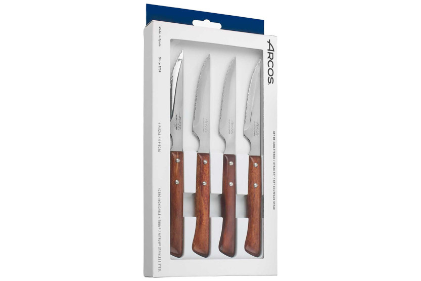 Caja de 4 cuchillos chuleteros Arcos Hoja dentada de 11 cm Mango de haya comprimida