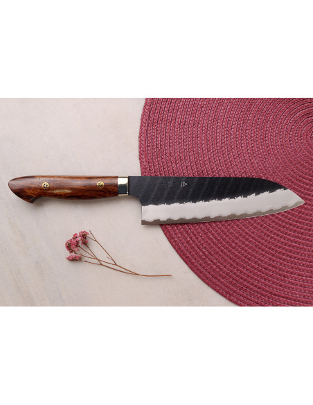 17 cm Handcrafted Japanese Nigara Hamono Black Tsuchime SG2 Santoku Knife with Ironwood Handle