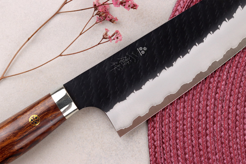 17 cm Handcrafted Japanese Nigara Hamono Black Tsuchime SG2 Santoku Knife with Ironwood Handle