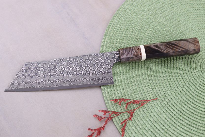 Handgefertigtes japanisches Nakiri-Kiritsuke-Messer, 17 cm, von Nigara Hamono Anmon, Damaszener-Stahl SG2