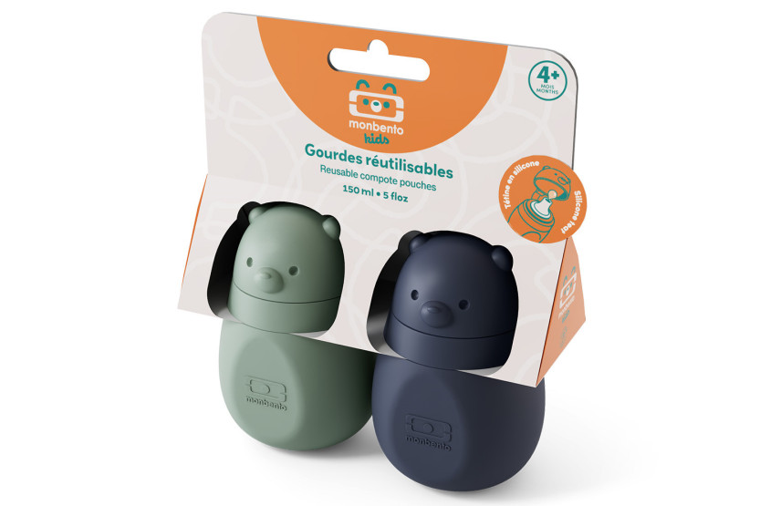 Set di 2 contenitori riutilizzabili Monbento Yummy per compote, per neonati e bambini, verde e blu