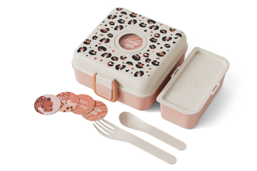 Contenitore per panini per bambini Monbento Snacky con posate rosa leopardato