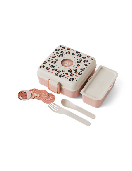 Lancheira infantil Monbento Snacky com talheres rosa com padrão de leopardo