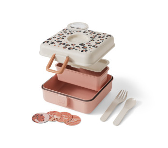 Monbento Snacky matboks for barn med bestikk i rosa leopardmønster 2