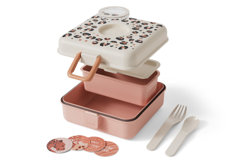 Monbento Snacky-matboks for barn med bestikk i rosa leopardmønster