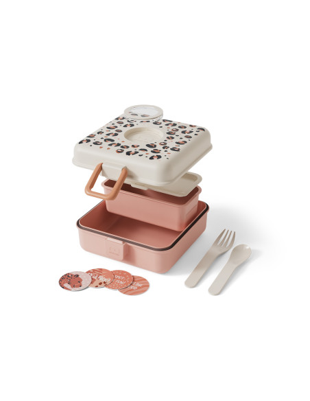 Monbento Snacky-matlåda för barn med bestick i rosa leopardmönster