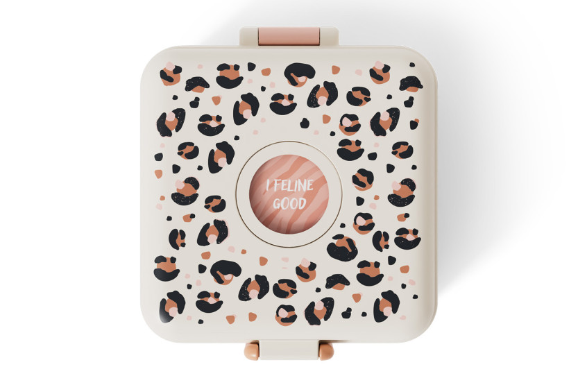 Lancheira infantil Monbento Snacky com talheres rosa com padrão de leopardo