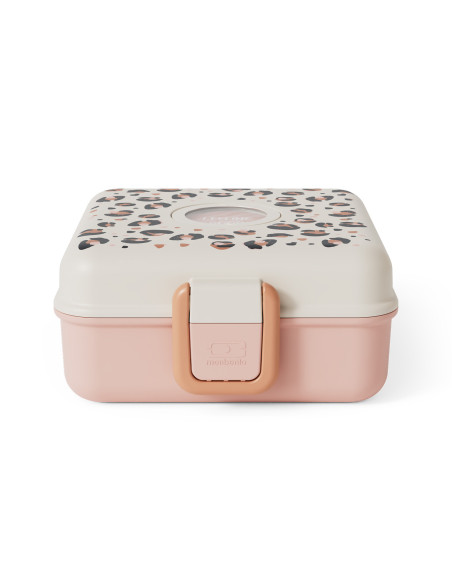 Monbento Snacky-matboks for barn med bestikk i rosa leopardmønster