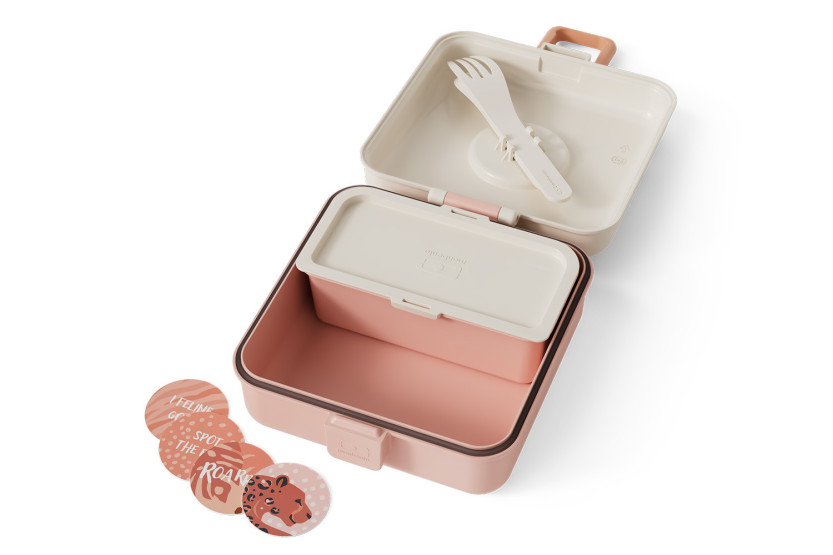 Contenitore per panini per bambini Monbento Snacky con posate rosa leopardato