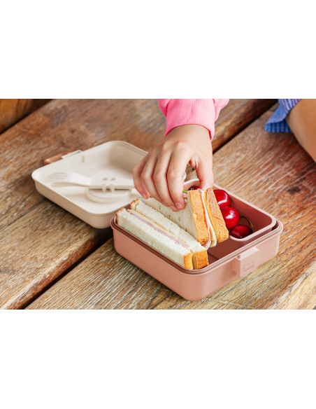 Monbento Snacky-matboks for barn med bestikk i rosa leopardmønster