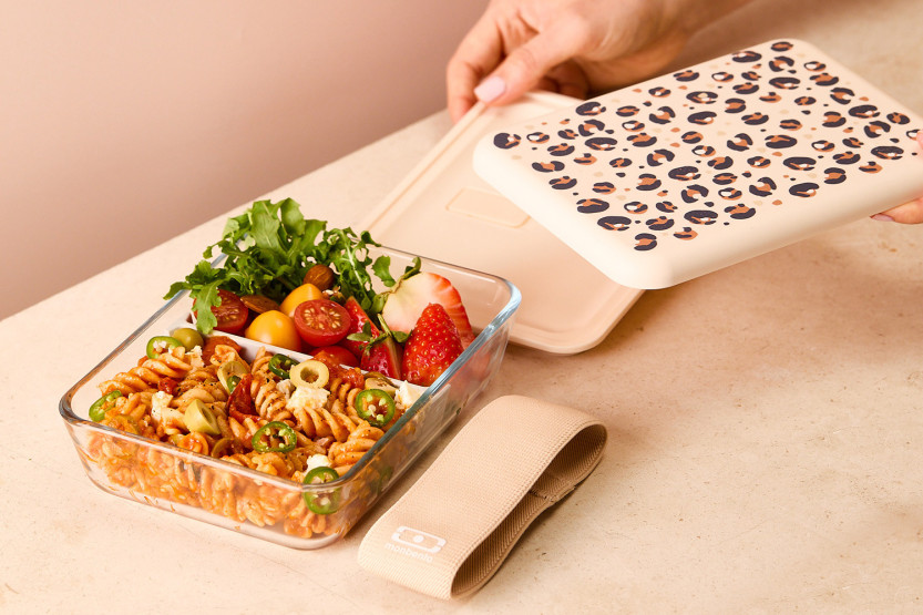 Lancheira de vidro Monbento x Pyrex® Pure 600 ml com padrão de leopardo