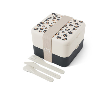 Fiambrera con compartimentos Monbento Flex 1 L con estampado de leopardo y cubiertos