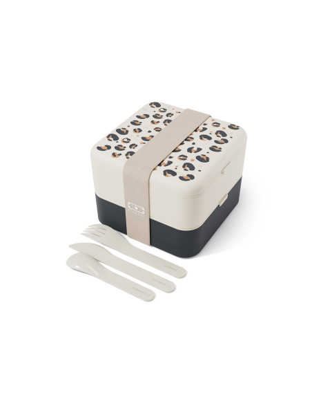 Monbento Flex 1L matboks med flere rom og leopardmønster, inkludert bestikk