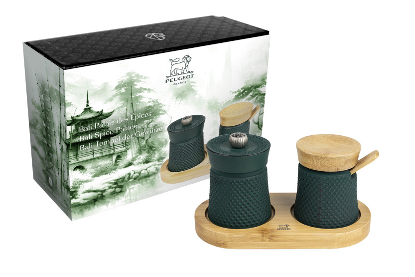 Conjunto de presente Peugeot Bali «Palais des Epices», com um moinho de pimenta e um saleiro em ferro fundido verde
