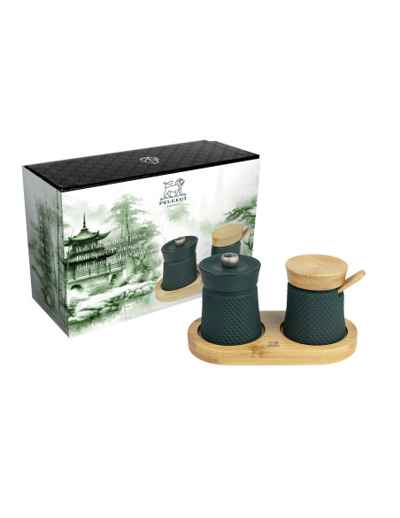 Set de regalo «Palais des Epices» de Peugeot Bali, con un molinillo de pimienta y un salero de hierro fundido de color verde
