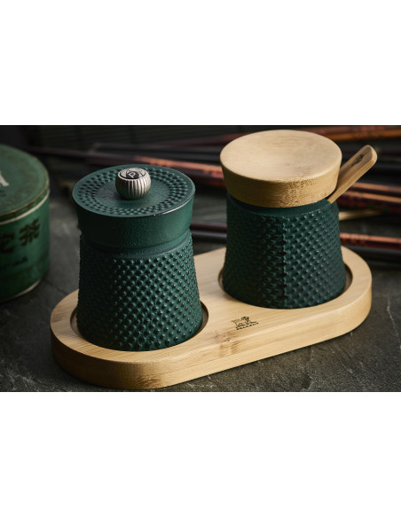 Peugeot Bali "Palais des Epices" Gift Set with a green cast-iron pepper mill and salt shaker