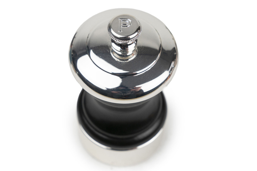 Peugeot Palace Handpfeffermühle aus schwarzem, satiniertem Buchenholz und versilbertem Metall, 10 cm