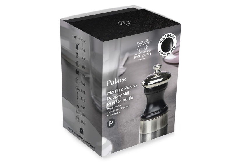 Molino de pimienta manual Peugeot Palace de madera de haya negra satinada y metal plateado, 10 cm