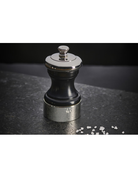 Moinho de sal manual Peugeot Palace em madeira de faia preta acetinada e metal prateado, 10 cm