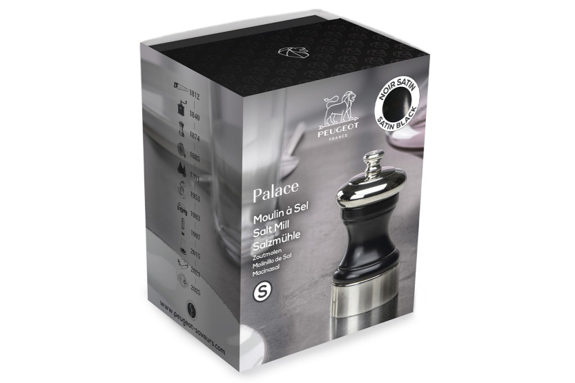 Molino de sal manual Peugeot Palace de madera de haya negra satinada y metal plateado, 10 cm