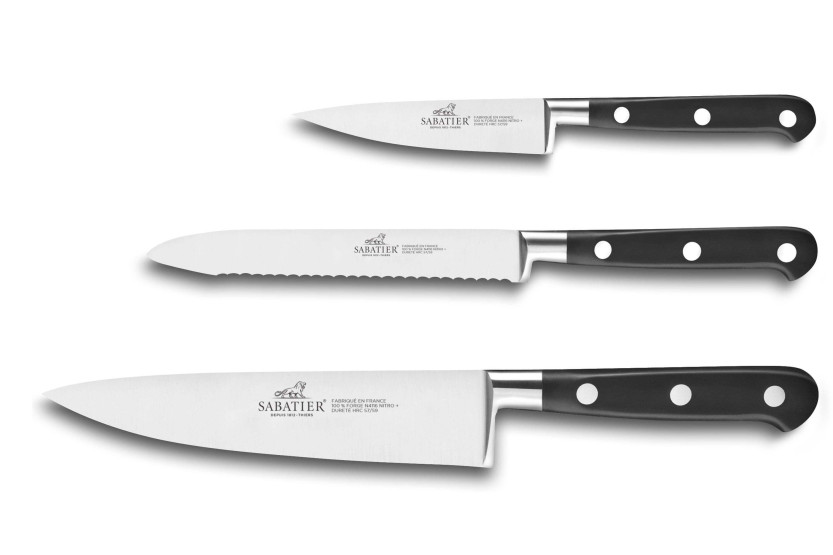 Conjunto de 3 facas francesas SABATIER Idéal 100% aço inoxidável forjado Chef+Universal+Escritório