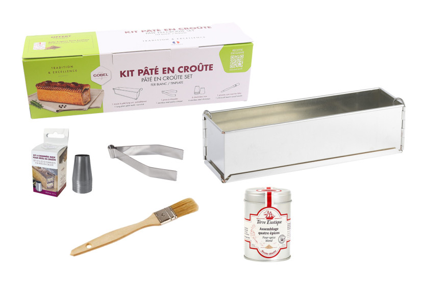 Gobel -Set für Pastete in Kruste: Weißblechform 30 cm + 3 Zubehörteile + 1 Rezept + 1 Gewürzmischung gratis