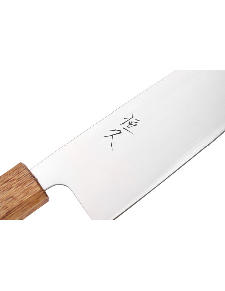 Coltello santoku artigianale giapponese Tsunehisa da 16,5 cm in acciaio AUS8 con manico in quercia bruciata