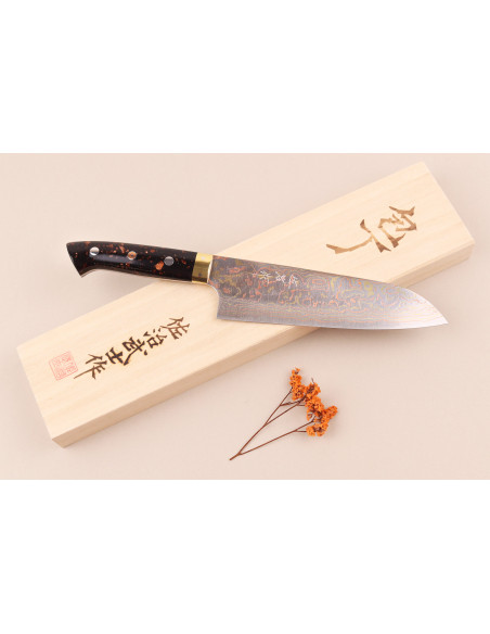Handgefertigtes japanisches Santoku-Messer 16,5 cm von Takeshi Saji BS2 Rainbow