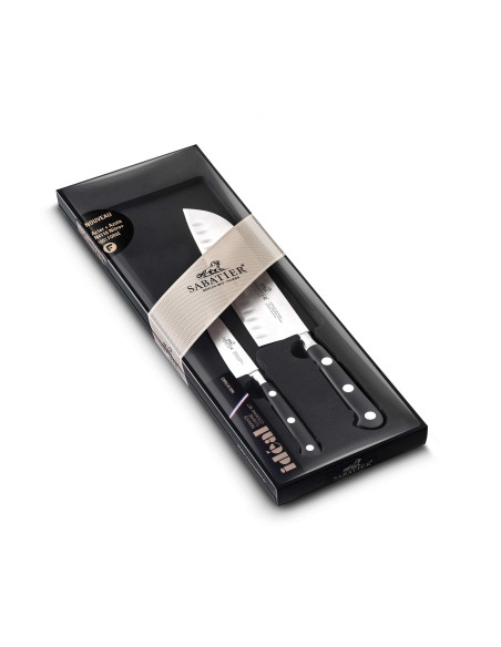 Estuche 2 cuchillos franceses SABATIER Idéal 100% acero inoxidable forjado Santoku+Office