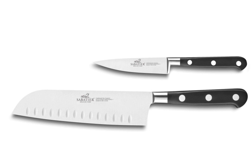 Estuche 2 cuchillos franceses SABATIER Idéal 100% acero inoxidable forjado Santoku+Office