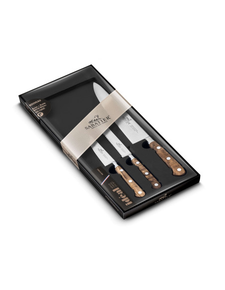Caja de 3 cuchillos SABATIER Provençao 100% forjados con mango de madera de olivo