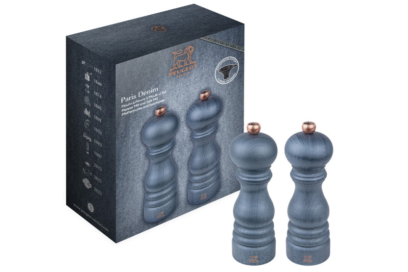 Peugeot Paris Denim Beech Wood Salt and Pepper Mill Duo Set, 18 cm