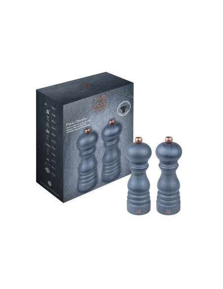 Peugeot Paris Denim-set med salt- och pepparkvarnar i bok trä, 18 cm