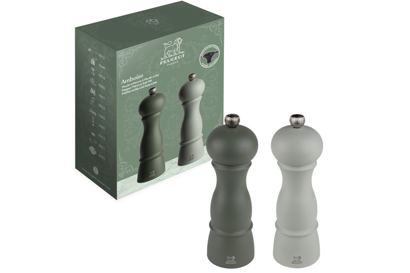 Peugeot Amboise Salz- und Pfeffermühlen-Duo-Set aus Buchenholz in den Farben Farn-Grün und Salbei, 18 cm