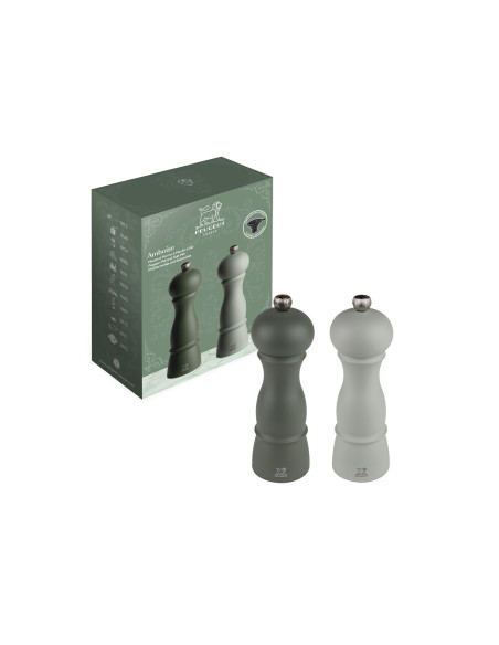 Peugeot Amboise duo-set met zout- en pepermolen van beukenhout in de kleuren varen-groen en salie, 18 cm