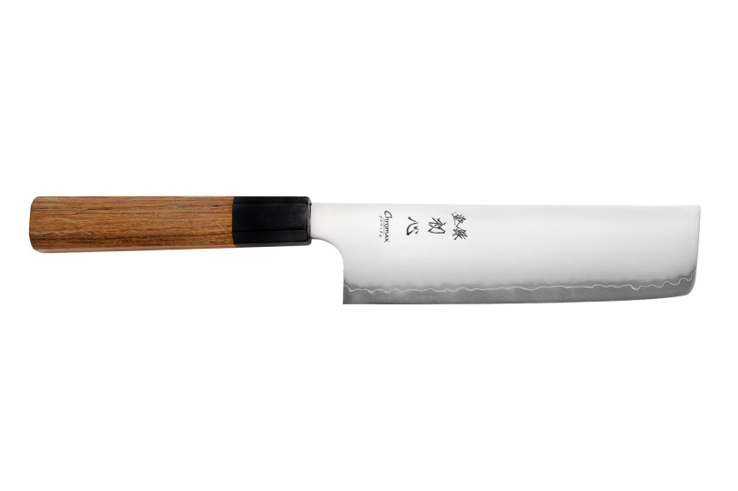 Faca nakiri japonesa artesanal Hatsukokoro Chromax de 16,5 cm com cabo em teca