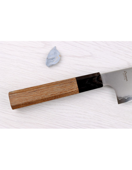 Coltello nakiri giapponese artigianale Hatsukokoro Chromax da 16,5 cm con manico in teak