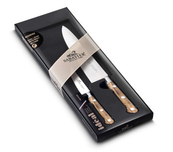 Box med 2 SABATIER Provençao-knivar 100% smidda olivträhandtag