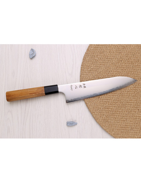 Coltello da chef giapponese artigianale Hatsukokoro Chromax da 20 cm con manico in teak