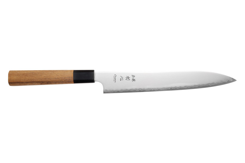 Handgemaakt Japans sujihiki -mes van 23 cm, merk Hatsukokoro Chromax, met teakhouten heft