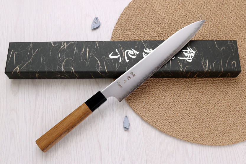 23-cm Handcrafted Japanese Hatsukokoro Chromax Sujihiki Knife with Teak Handle