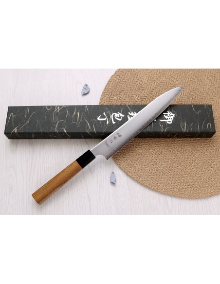 Faca sujihiki japonesa artesanal Hatsukokoro Chromax de 23 cm com cabo em teca