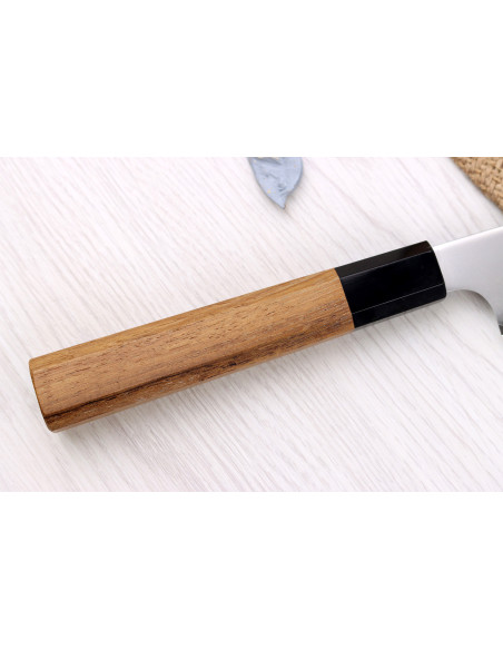 Faca sujihiki japonesa artesanal Hatsukokoro Chromax de 23 cm com cabo em teca