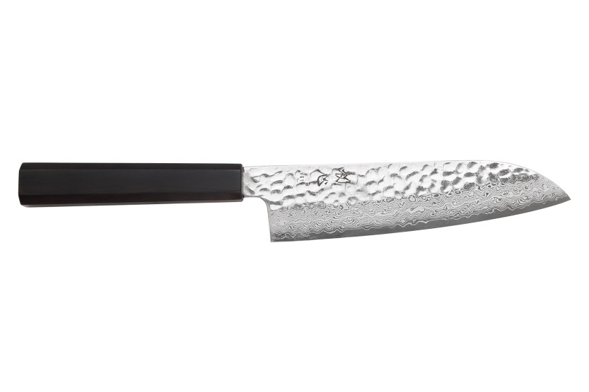 Cuchillo santoku japonés artesanal Hatsukokoro Hayabusa de 18 cm, VG10 Damasco Tsuchime