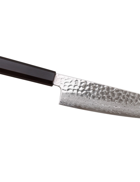 Handgefertigtes japanisches Santoku-Messer, 18 cm, Hatsukokoro Hayabusa, VG10-Damaszenerstahl, Tsuchime-Finish