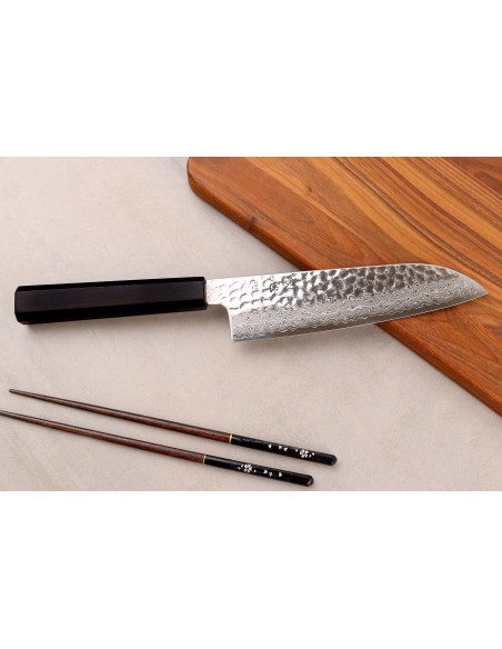 18 cm Handcrafted Japanese Hatsukokoro Hayabusa VG10 Damascus Tsuchime Santoku Knife