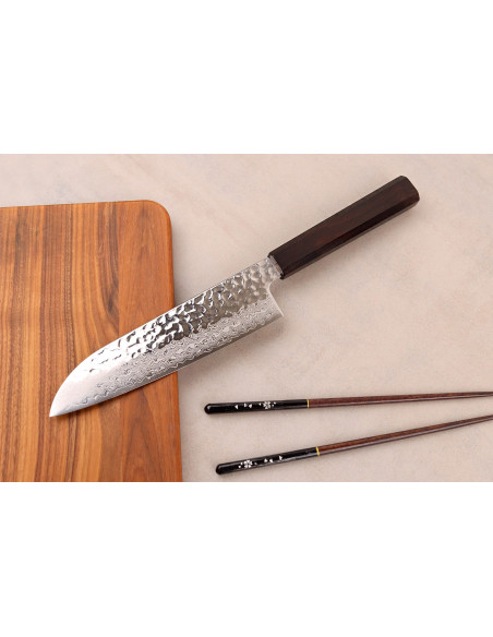 18 cm Handcrafted Japanese Hatsukokoro Hayabusa VG10 Damascus Tsuchime Santoku Knife