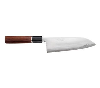 Handgjord japansk santokukniv, 16,5 cm, av Toshihiro Wakui, Shirogami 2 San Mai, polerad
