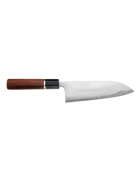 Faca santoku japonesa artesanal de 16,5 cm, da autoria de Toshihiro Wakui, em aço Shirogami 2 San Mai polido