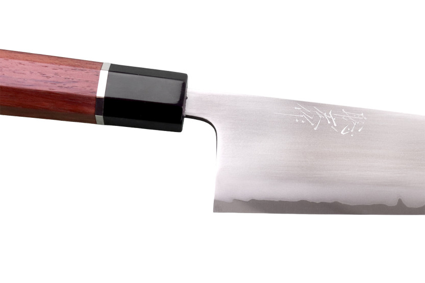 Handgefertigtes japanisches Santoku-Messer, 16,5 cm, von Toshihiro Wakui, Shirogami 2 San Mai, poliert